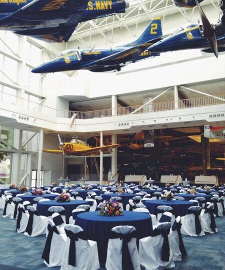 Blue table linens at the Blue Angels Banquet, NAS Naval Aviation Museum.