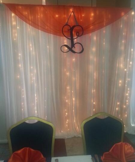 Head Table Wedding drapery Wall — Wedding drapery wall back lit and with color accent to match the bride's color.